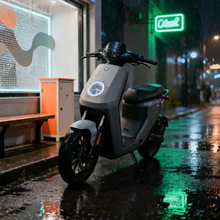 An electric motorcycle on a rainy street