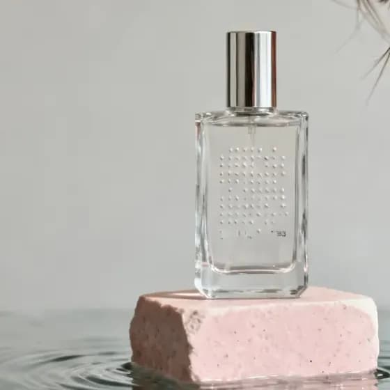 A perfume bottle on pink stone