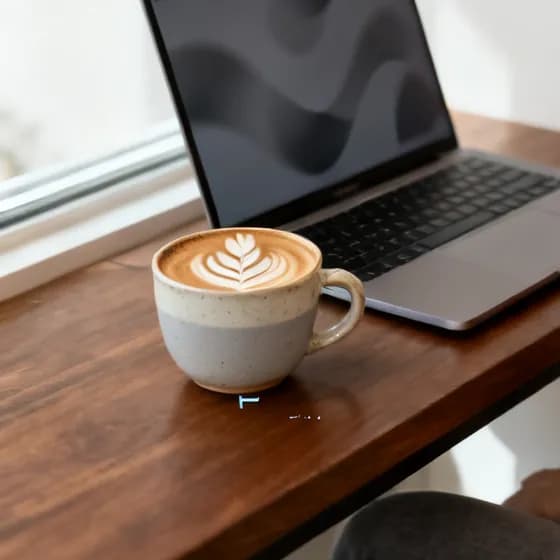 A latte beside a laptop