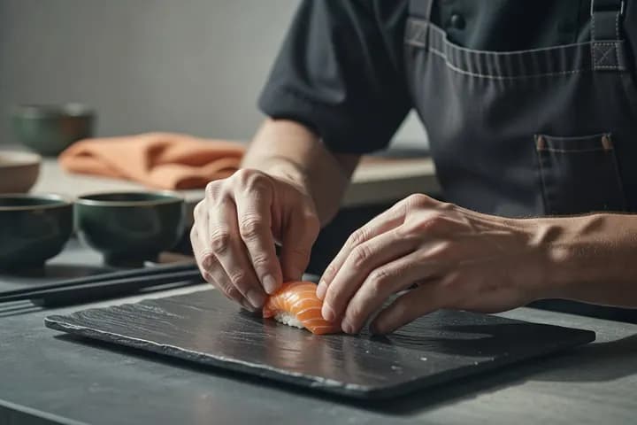 A sushi chef plating nigiri