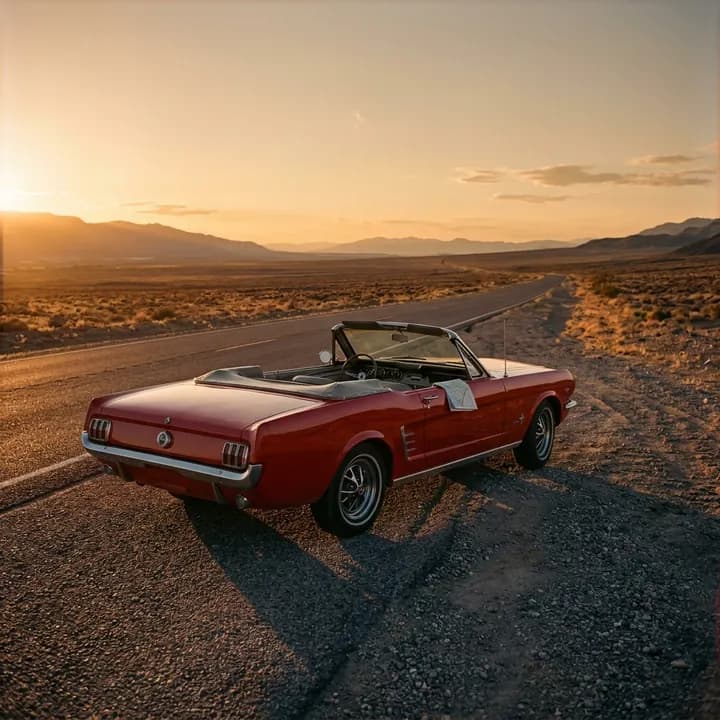 A red convertible on a desert road