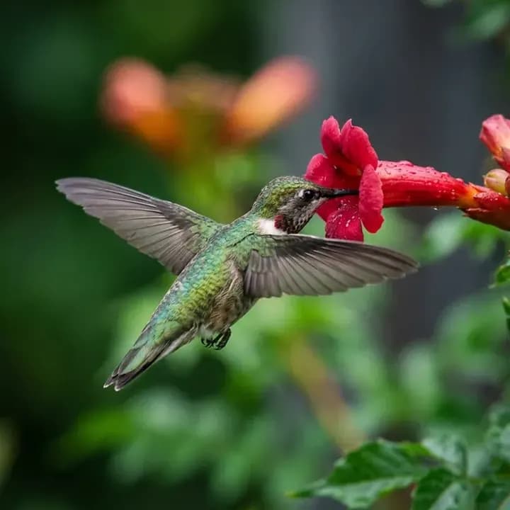 A hummingbird at a red flower