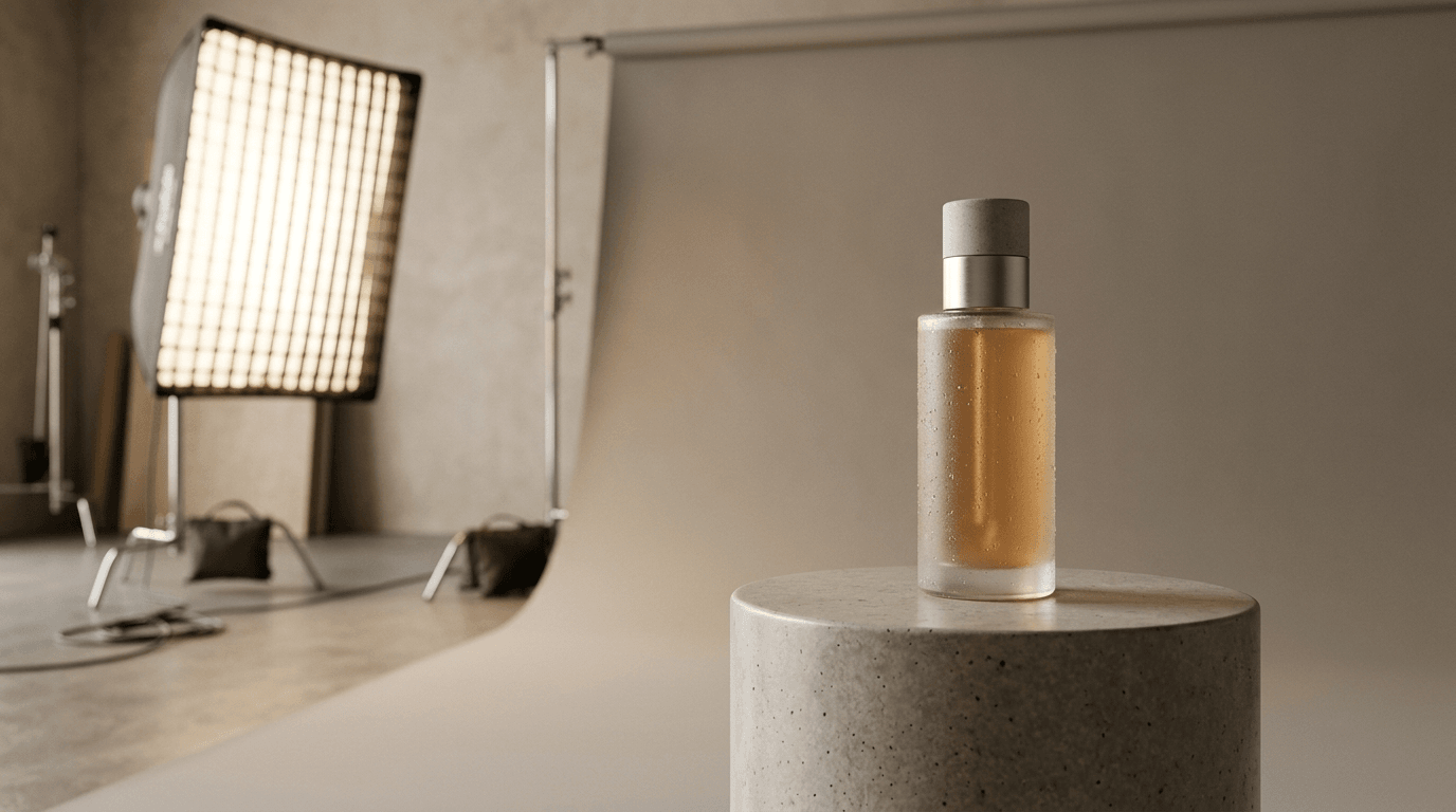 Studio product photography set with a glass bottle on a concrete pedestal lit by a softbox, the kind of high-resolution hero shot 4K generation is built for