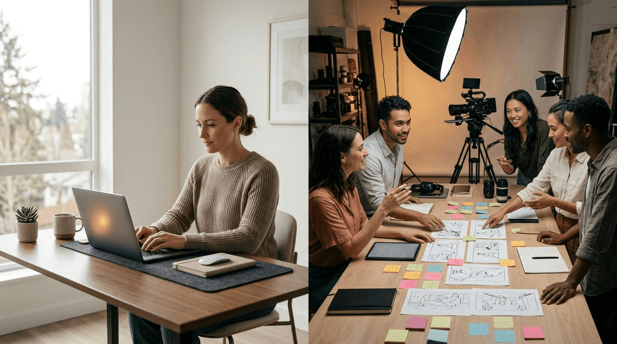 A solo marketer working at a minimal home-office desk on one side and a boutique creative studio team collaborating around storyboards on the other