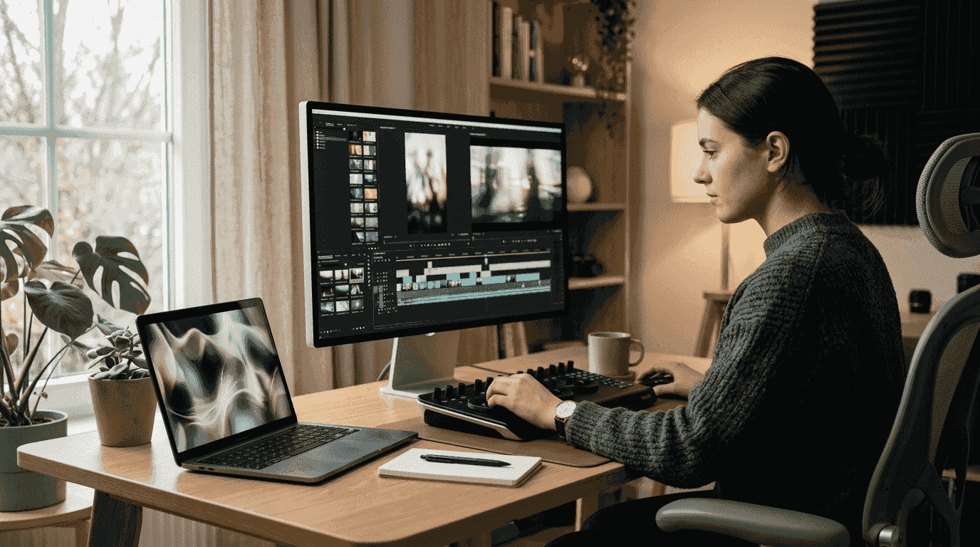 Freelance video editor at a home-office desk cutting a short-form video timeline on a monitor next to a laptop running a generative video tool