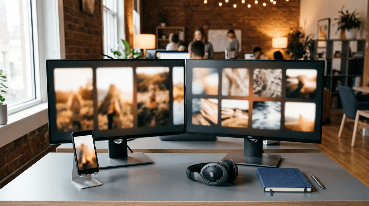 Studio-Arbeitsplatz mit zwei Monitoren, die kurze Videoclips im Hoch- und Quadratformat zeigen, einem Telefon auf einem Ständer und Kopfhörern auf dem Schreibtisch