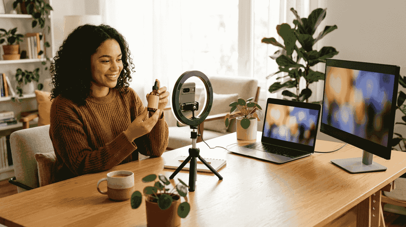 A content creator films herself holding a product beside a laptop and monitor rendering video clips on the same desk