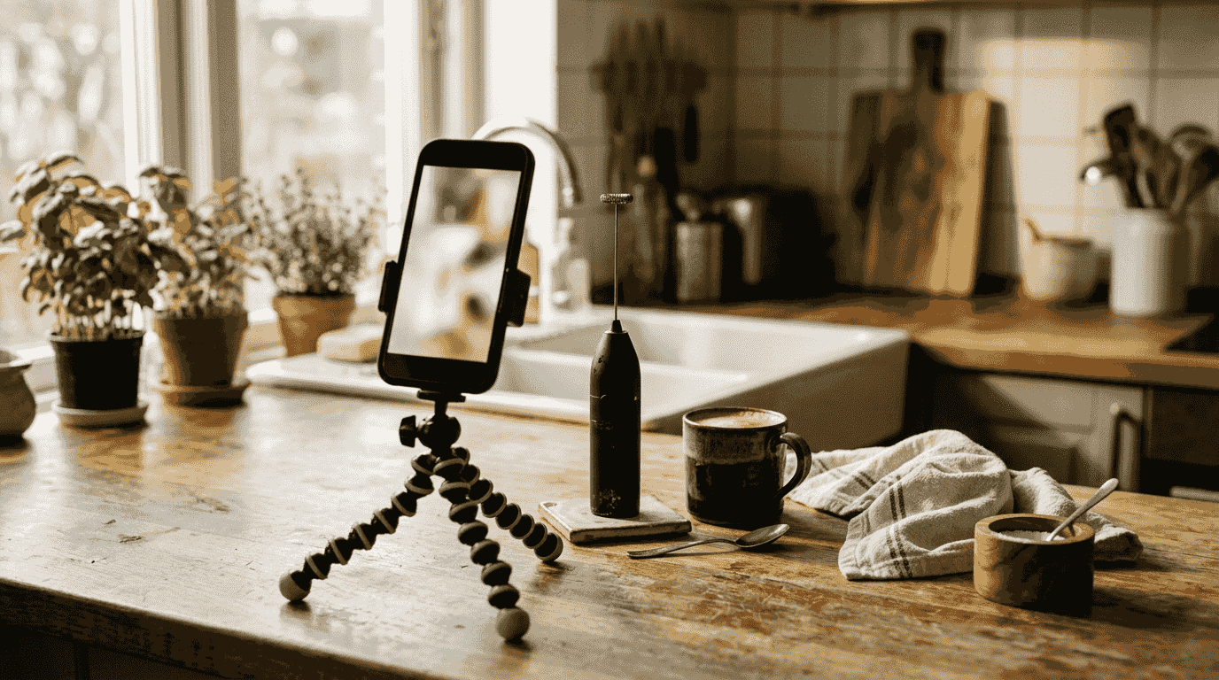 Smartphone su un treppiede flessibile che riprende un piccolo prodotto su un piano cucina illuminato dal sole, accanto a una tazza e a uno strofinaccio