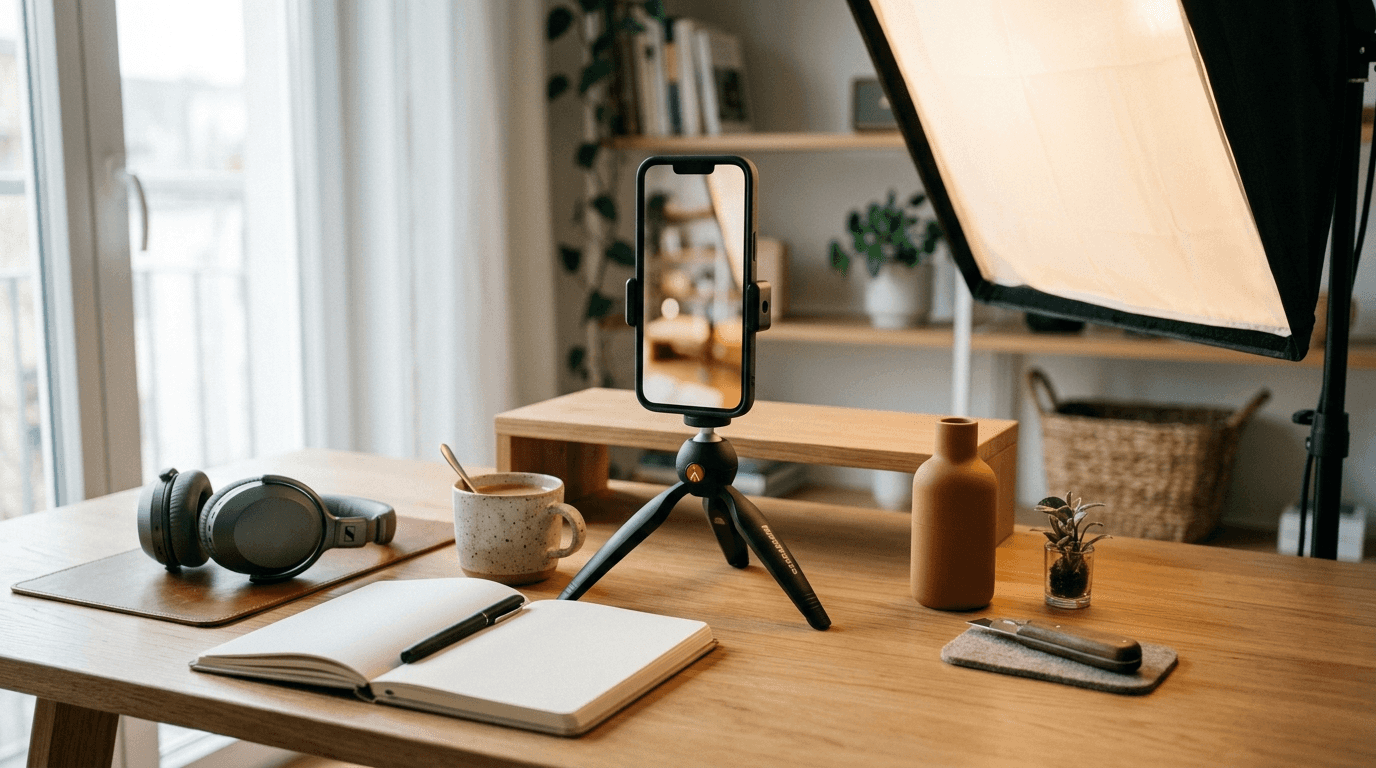 A phone on a small desktop tripod in portrait orientation on a tidy desk with a softbox light, headphones, coffee, and a notebook, a solo creator setup for shooting a vertical video