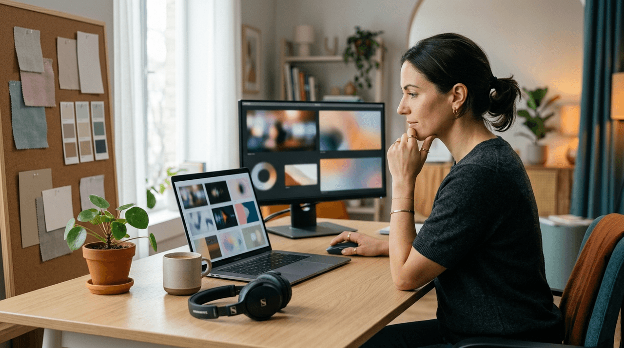 Marketer at a desk reviewing short video creatives on a laptop and monitor while planning ads across funnel stages