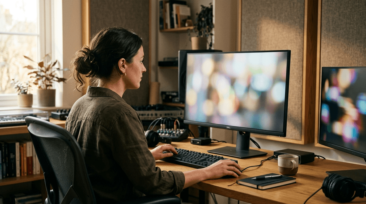 A video editor at a studio workstation reviewing generated text to video footage on a widescreen monitor