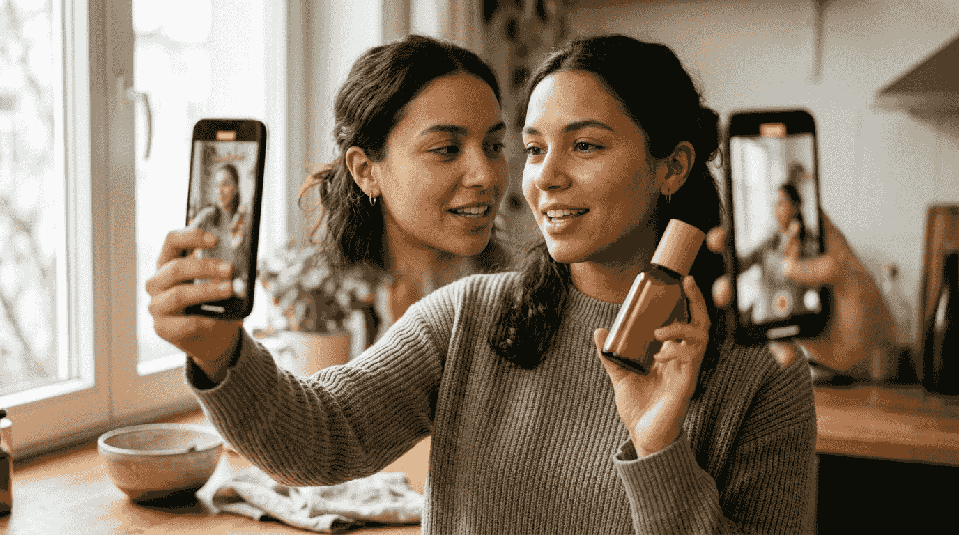 Two creators filming a vertical phone video at home, one holding a skincare bottle up to the camera in natural daylight