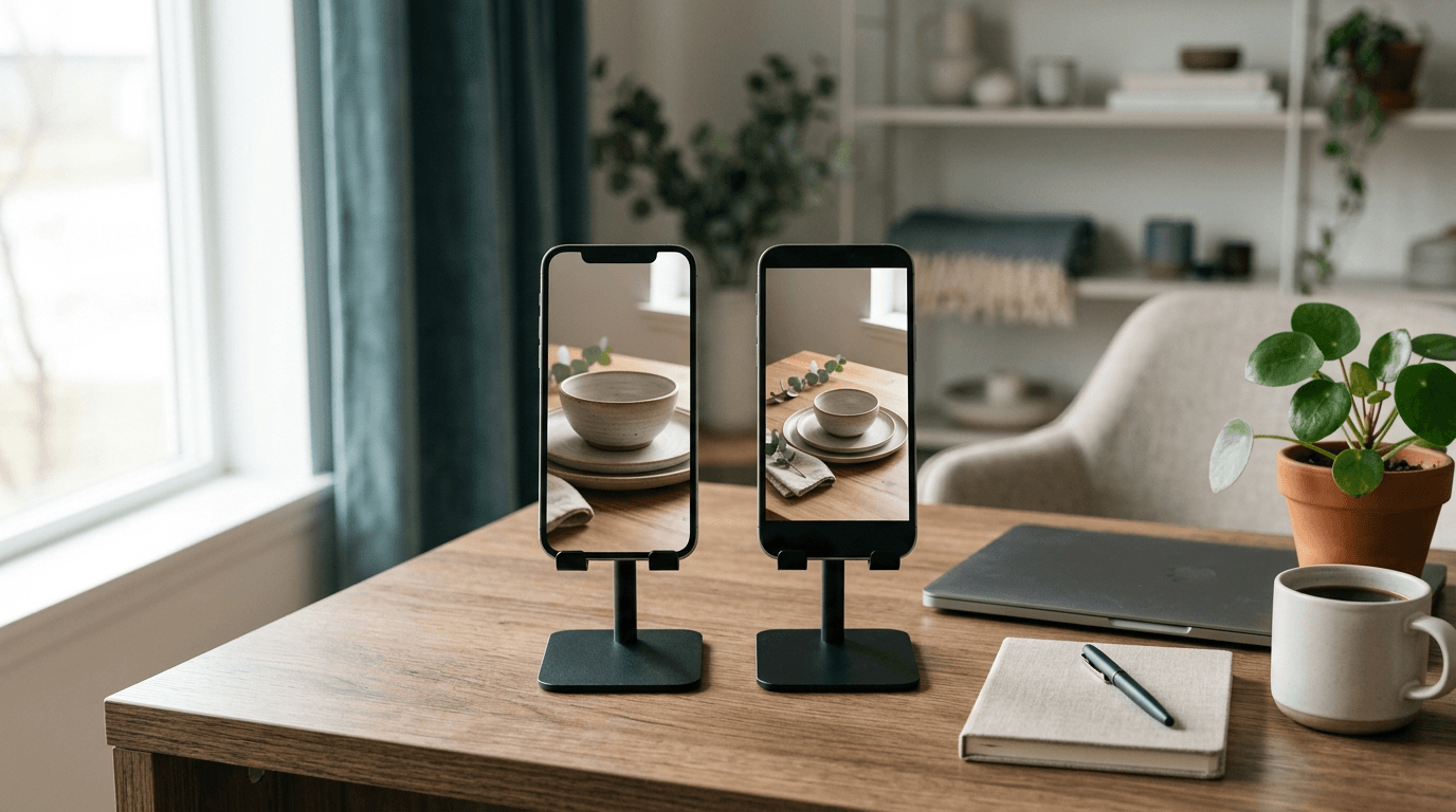 Two phones side by side on a studio desk playing the same product video framed slightly differently, illustrating a single-variable creative test